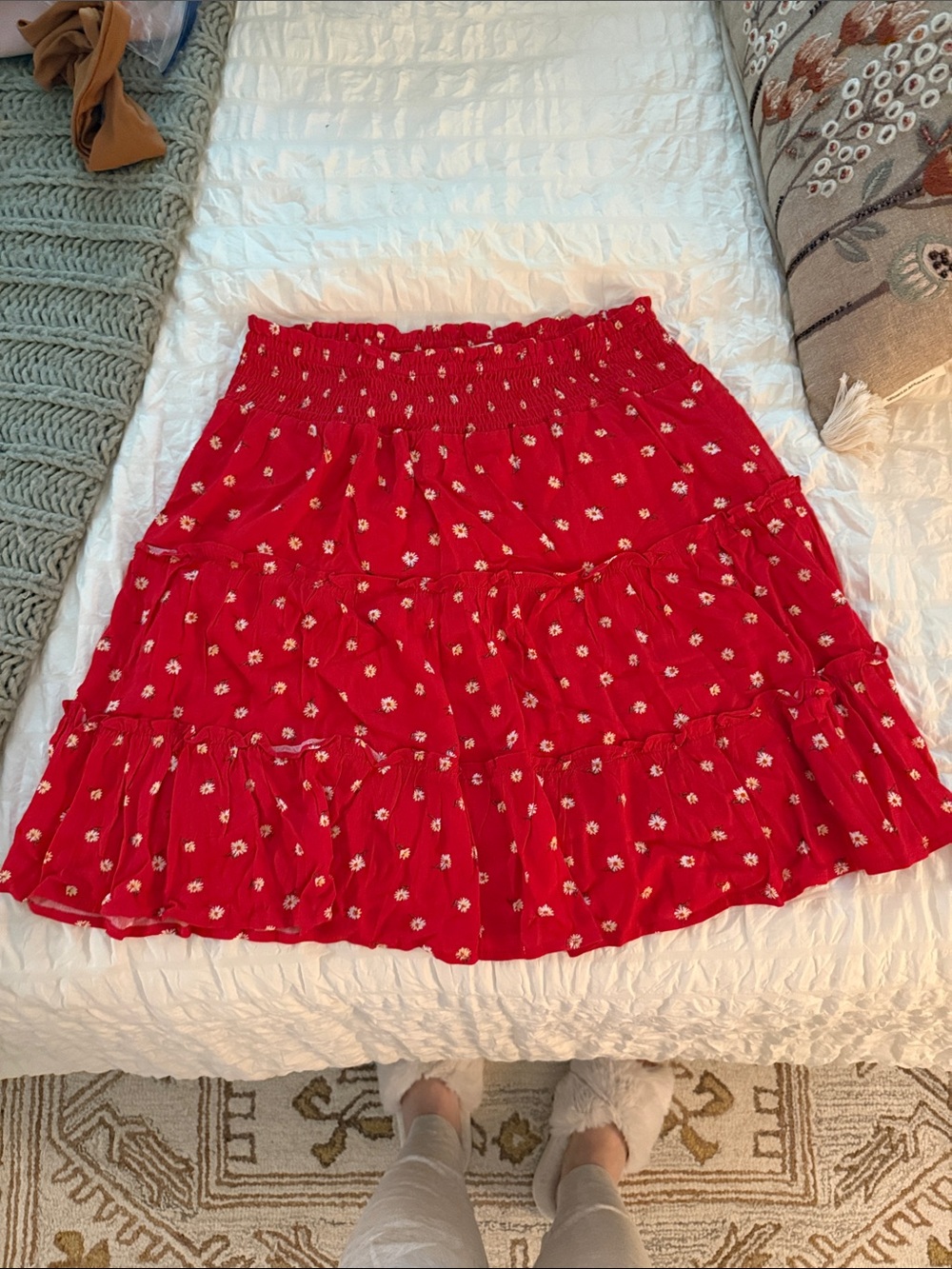 Skies Are Blue Red Tiered Mini Skirt with White Floral Print